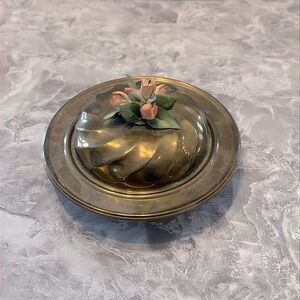 Capodimonte vtg Porcelain Flowers Brass Trinket Box dish